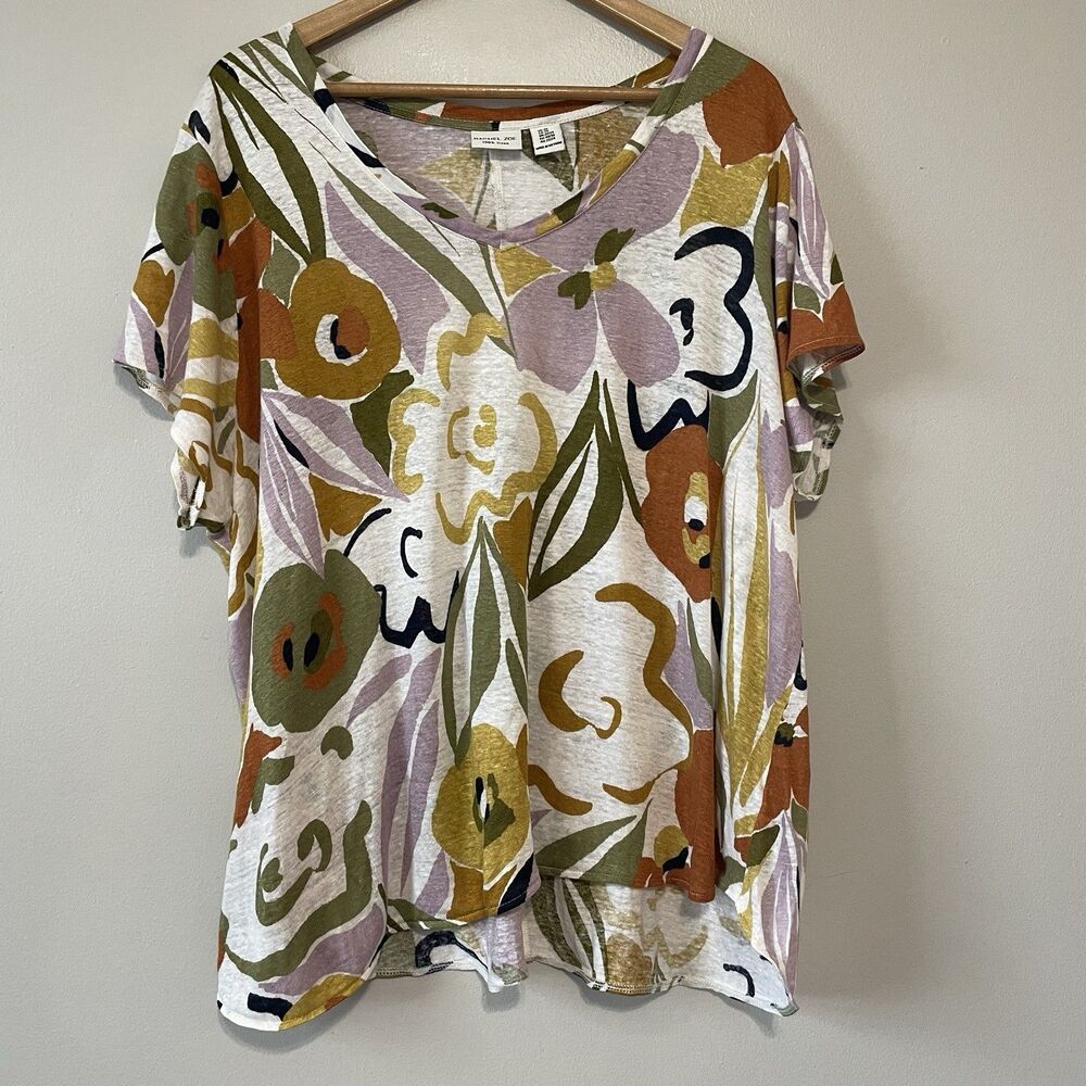 Rachel Zoe Linen Top Womens 2X Colorful Large Floral Coastal Beach Artsy Boho